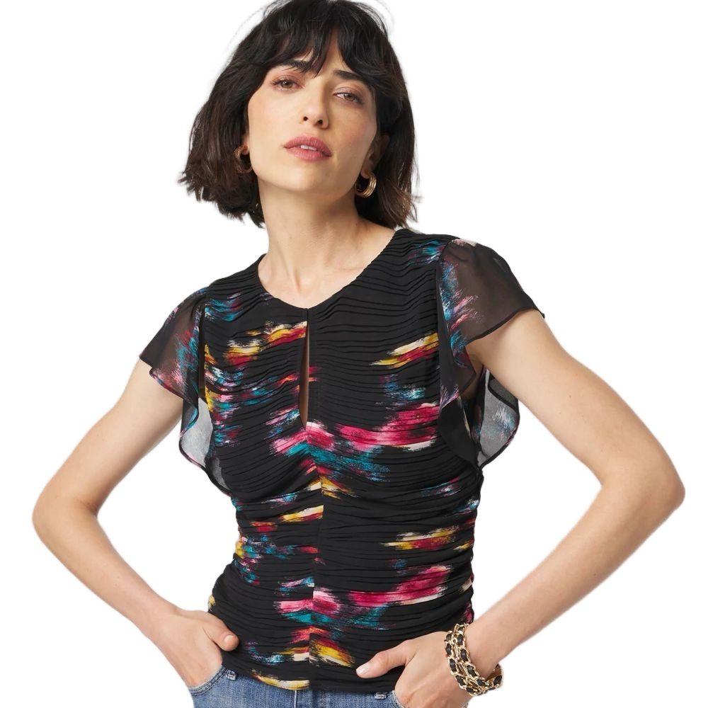 White House Black Market Black Multicolor V-Neck Blouse with Flutter Sleeves NWT